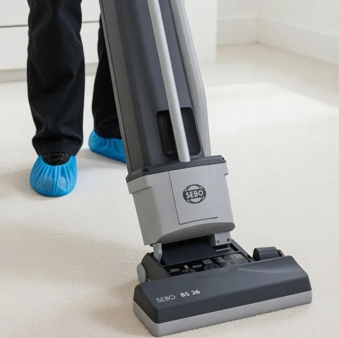 Primokleen technician vacuuming carpet using a SEBO professional vacuum before hot water extraction cleaning