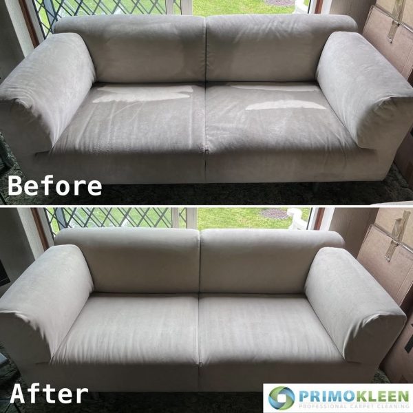Primokleen faux suede sofa upholstery cleaning before and after — fully restored in Marlow