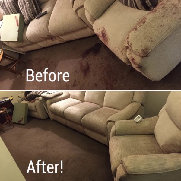 Primokleen sofa and carpet heavy blood stain removal before and after in Windsor
