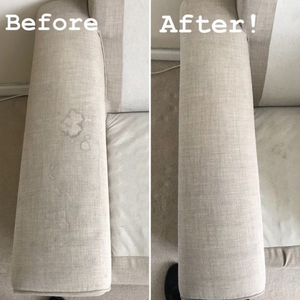 Primokleen sofa arm upholstery cleaning before and after — stain removed in Marlow