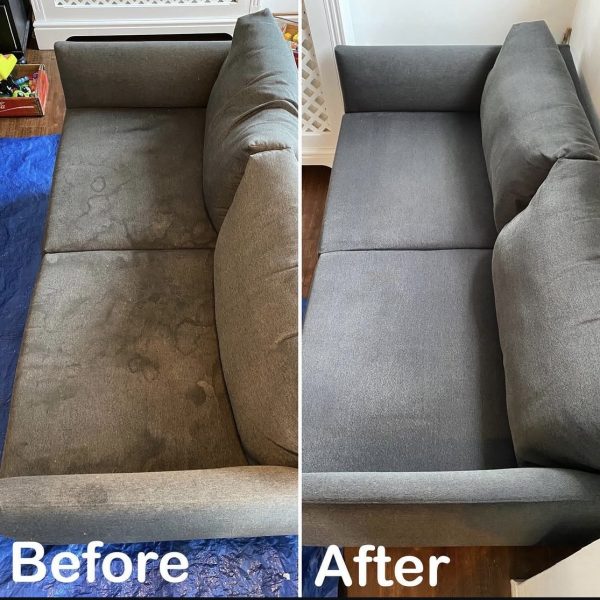 Primokleen sofa upholstery deep cleaning before and after — heavy staining removed in Cookham