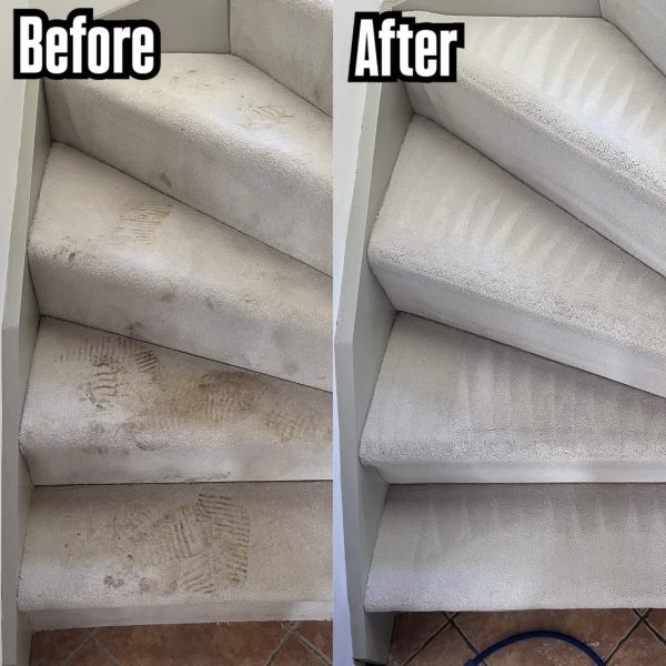 Primokleen stair carpet cleaning before and after — heavy soiling removed in Ascot